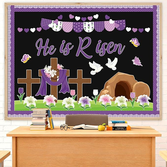 85Pcs Easter Bulletin Board Classroom Decorations Set He is Risen Christian Religious Bulletin Board Cross Flower Easter Cutouts Spring School Home Church Wall Door