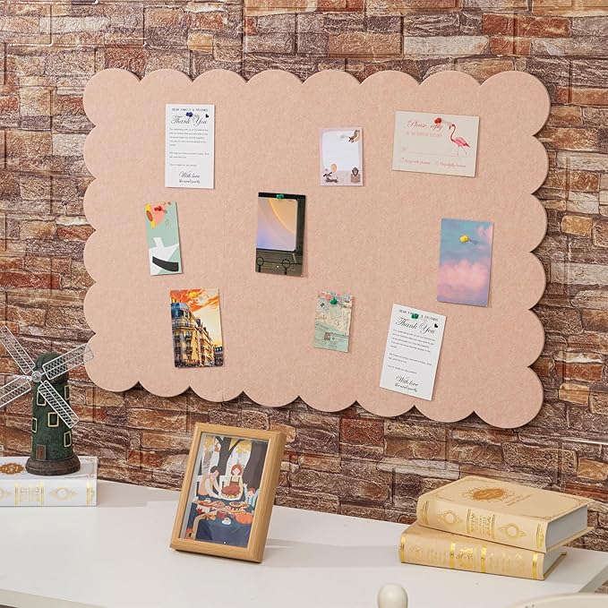 Scalloped Felt Bulletin Board 36 x 24 Inches Foldable Flesh Pink Pin Cork Board Alternative for Wall, 3' x 2' Trifold Picture Vision Self Adhesive Bulletin Decorative