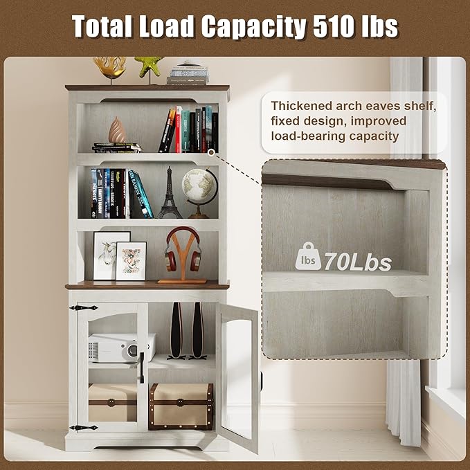 Tall Bookcase, 70 inch Height, 5-Tier Open Storage Shelf, 31.5 in Wide Standing Bookshelves for Home, Office, Bedroom, School, Library, 31.5W * 11.81D *70H (White Espresso, Glass Door)