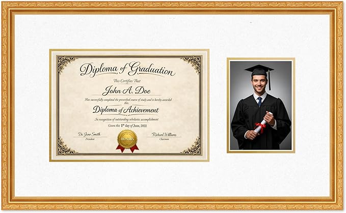 Diploma Frame With Photo Opening Museum Gold Oyster Shell Over Gold Mat - Fits 11.69 x 8.27 Degree and Picture Made in the USA