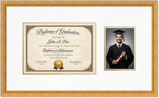 Diploma Frame With Photo Opening Museum Gold Oyster Shell Over Gold Mat - Fits 11.69 x 8.27 Degree and Picture Made in the USA