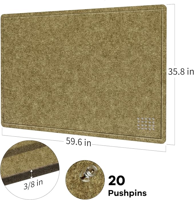 Large Bulletin Board - 60 x 36 Inches, Decorative Felt Pin Board for Wall - 5' x 3' Foldable Photo Display Board with Self-Adhesive Tape, Includes 20 Push Pins - Olive