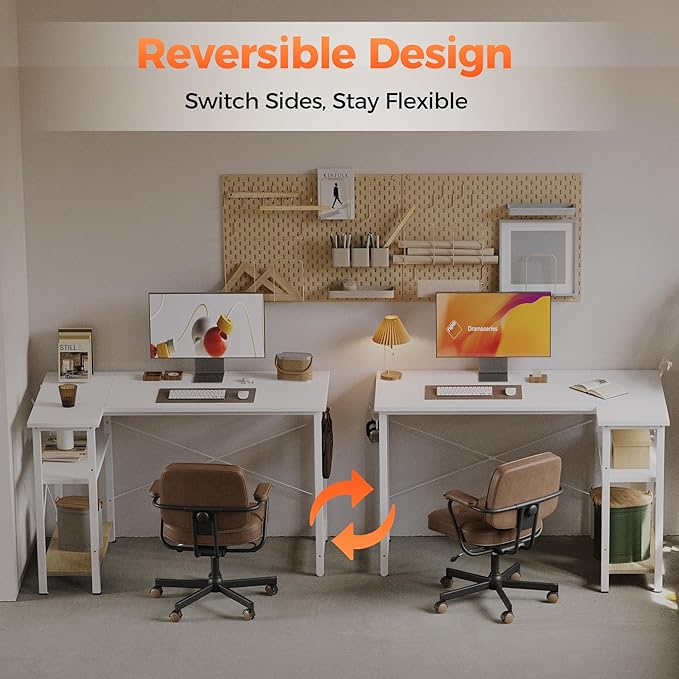 Mericonia Small L Shaped Computer Desk, Reversible Gaming Desk with Storage Shelves, Corner Gamer Desk Table, Study Writing Table