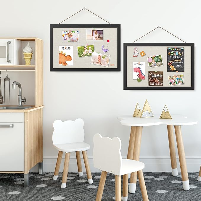 AKTOP 2-Pack Cork Board Bulletin Board 16x11 inch, Small Framed Corkboard with Linen for Wall, Hanging Pin Board Picture Board for Home Office Decor, Cute Vision Board with 25 Pushpins (Classic Black)