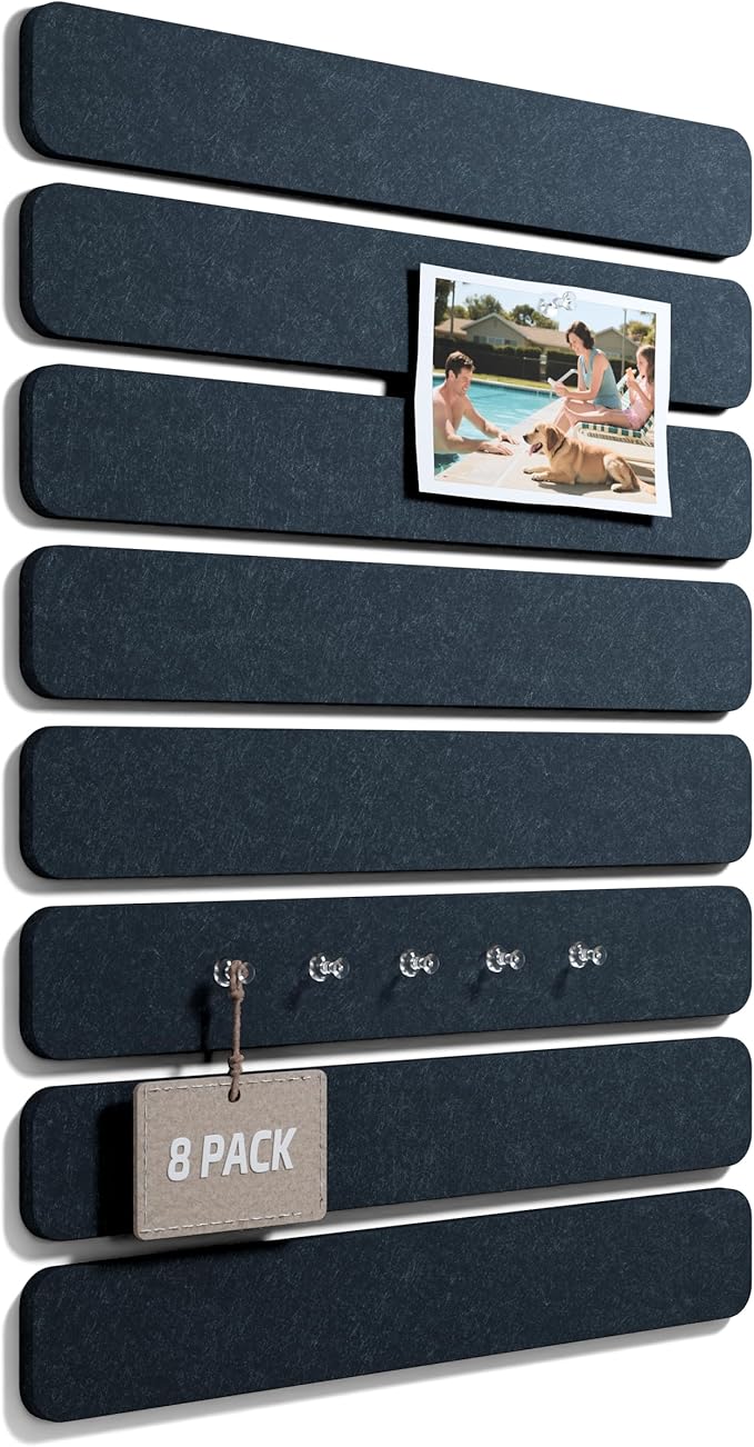 Fluxynara Cork Board Alternative Felt Strip Board 8-Pack 13"x2", Office Pin Board with 50 Push Pins, Adhesive Install for Bedroom Door & Home Office(Deep Charcoal Blue)