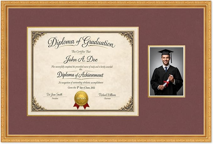 Diploma Frame With Photo Opening Museum Gold Dark Red Over Gold Mat - Fits 15 x 12 Degree and Picture Made in the USA
