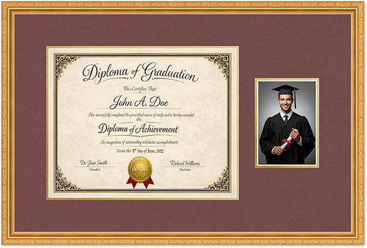 Diploma Frame With Photo Opening Museum Gold Dark Red Over Gold Mat - Fits 15 x 12 Degree and Picture Made in the USA