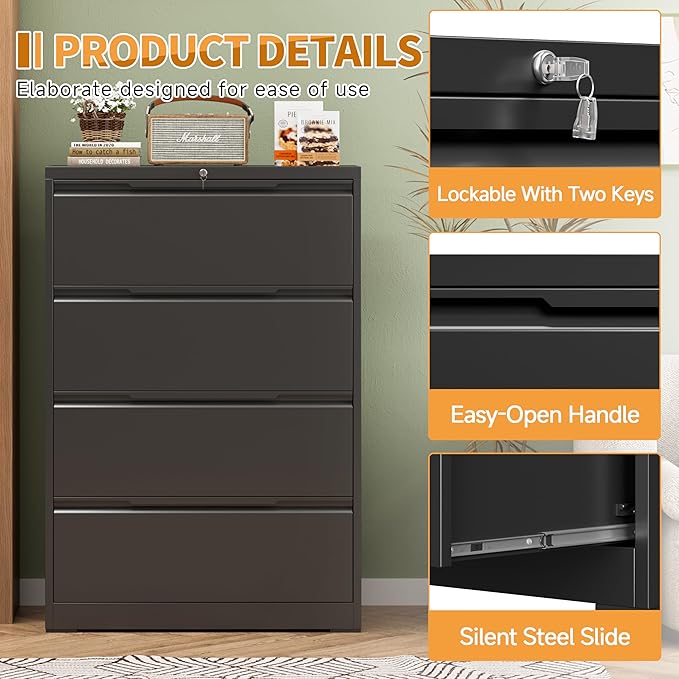 4-Drawer Metal File Cabinet with Lock,Steel Printer Stand with Storage for Home Office,Lateral Filing Cabinet for Legal/Letter/A4 Files,Assembly Required(35.43''W-4 Drawers,Black)