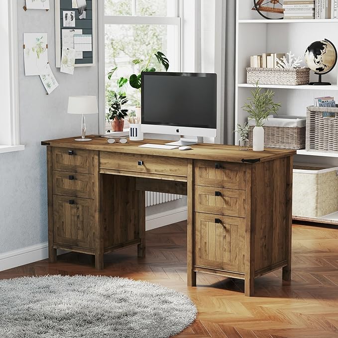 Farmhouse Executive Desk with Drawers - 62" W Farmhouse Computer Desk with Power Outlets & USB Charging, Heavy Duty Storage Desk for Home Office & Study.Vintage