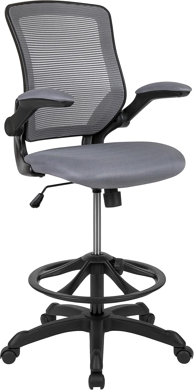 Flash Furniture Kale Mid-Back Swivel Office Chair with Height Adjustable Foot Ring and Lumbar Support, Mesh Executive Chair with Armrests, Dark Gray