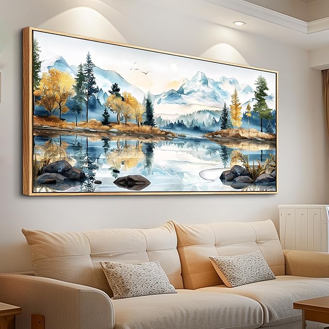 ERQINHUA Large Canvas Wood Framed Abstract Wall Art Living Room Wall Decor for Bedroom Office Decoration Watercolour Paint Tree Lakeside Landscapes Picture Artwork Home Decor Ready to Hang 30x60 In