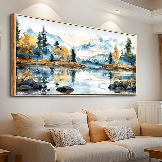 ERQINHUA Large Canvas Wood Framed Abstract Wall Art Living Room Wall Decor for Bedroom Office Decoration Watercolour Paint Tree Lakeside Landscapes Picture Artwork Home Decor Ready to Hang 30x60 In