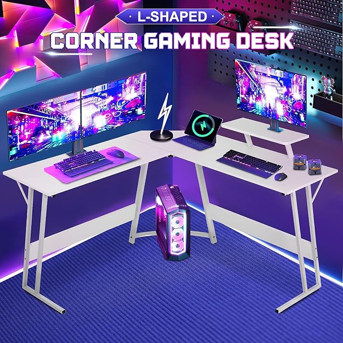 NChanmar L Shaped Gaming Desk with Monitor Riser Stand, Home Office Corner Desk for Studying, Working and Gaming, Large Desktop, White