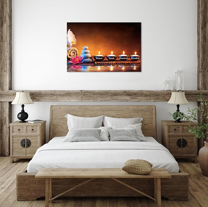 Zen Wall Art Lotus Flower Decor Breathe Canvas Picture Candles Relaxing Peaceful Poster Prints for Zen Spa Room Living Room Bedroom(24.00" x 36.00")