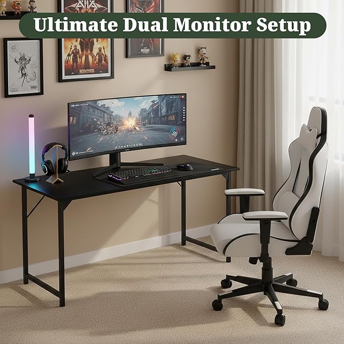Computer Desk 63 Inch, Simple Large Home Office Desk Study Writing Table, Sturdy Metal Frame, Scratch-Resistant MDF Desktop for Bedroom Dorm Workspace, Black