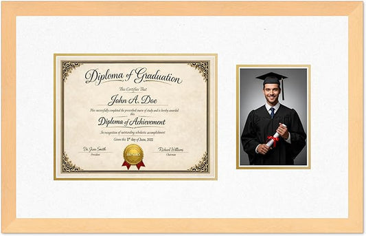 Diploma Frame With Photo Opening Natural Wood Oyster Shell Over Gold Mat - Fits 11 x 8.5 Degree and Picture Made in the USA