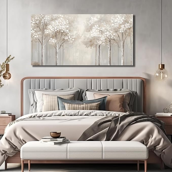 ANCXWOTER Large Forest Wall Art for Living Room White Misty Birch Tree Picture for Bedroom Office Modern Landscapes Canvas Prints Ready to Hang 29x58 Inch
