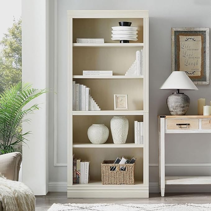 JAHRSTIM Halston Standard Bookcase, Adjustable Storage Open Display Shelving Unit for Home and Office Space, 31.49”L x 13.77”W x 72.8”H, Cream