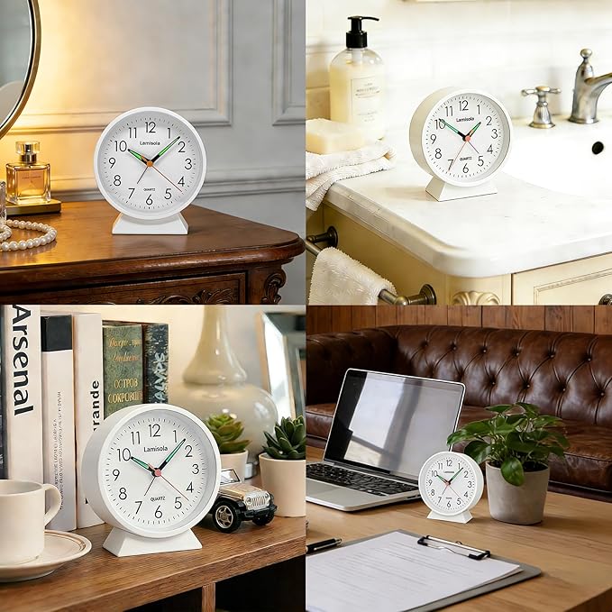 4.5 Inch Small Silent Analog Alarm Clock, Retro Battery Operated Desk Clock with Night Light Stays On 4 Seconds Vintage Metal Table Clock for Bedside, Nightstand, Bedroom, Office, Bathroom - White