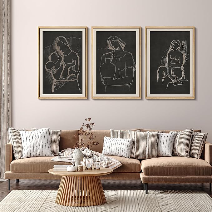 SIGNFORD Framed Wall Art Print Set Black Background Figurative Line Digital Art Modern Art Contemporary for Living Room, Bedroom, Office - 24"x36"x3 NATURAL