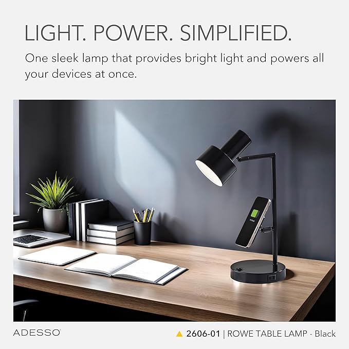 Adesso Supercharger Lamp with USB-A, USB-C, AC Outlet & Wireless Charging Pad – Black Desk Lamp with Adjustable Shade and Power Station Base for Home, Office, or Dorm