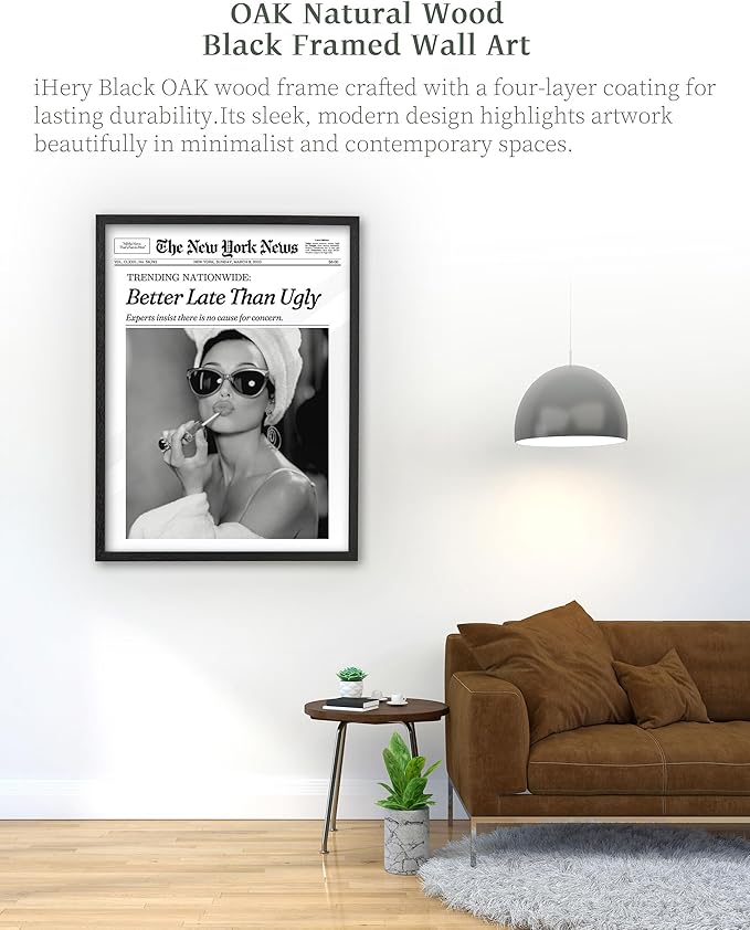 iHery Premium Natural Black OAK Wood 12x16in Audrey Hepburn Trendy Framed Wall Art, Vintage Funny Better Late Than Ugly Canvas Bathroom Wall Decor Essential,Girly Dorm Bedroom Living Artwork 1Pack