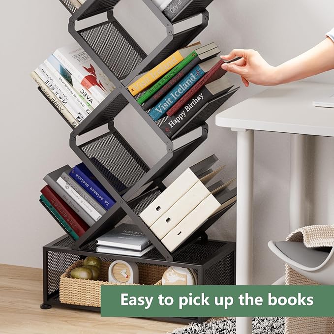 Gintan 9-Tier Space Saving Book Shelf with Storage,Bedroom Shelves Folding Bookshelves,No Installation Required Shelf Tree Metal Bookshelf for Living Room,Study,Home Office,Bed Room (Black)
