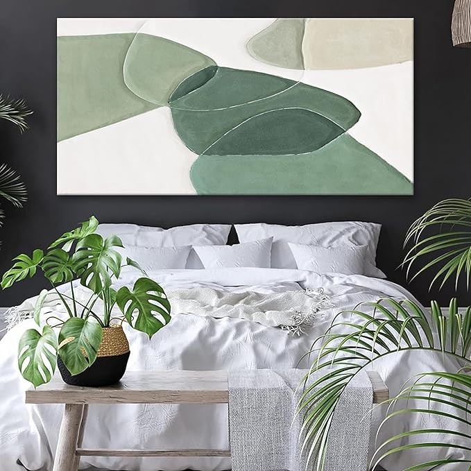 QSQ Modern Wall Art Large Green And White Geometric Color Block Line Wall Painting Artwork Canvas Simple Picture Textured Artwork For Living Room Bedroom Office Home Decor 29"X 58"