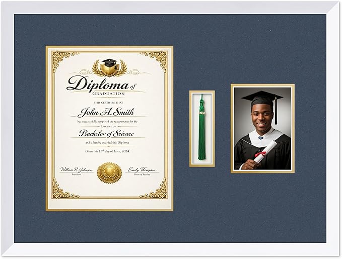 CountryArtHouse Diploma Tassel and Photo Shadowbox Fits 10 x 13 College Diploma (Portrait Traditional) Bright White Genuine Hardwood with Navy Blue Over Metallic Gold Double mat