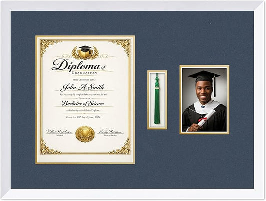 CountryArtHouse Diploma Tassel and Photo Shadowbox Fits 10 x 13 College Diploma (Portrait Traditional) Bright White Genuine Hardwood with Navy Blue Over Metallic Gold Double mat