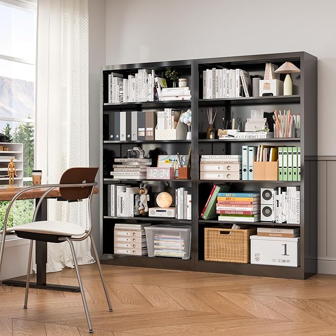 5-Tier Metal Bookshelf, 66" Tall Bookcase with Adjustable Storage Shelves, 33.2" Wide Sturdy Bookshelf with Backboard, Black Book Cases for Office, Living Room, Bedroom, Library, Classroom