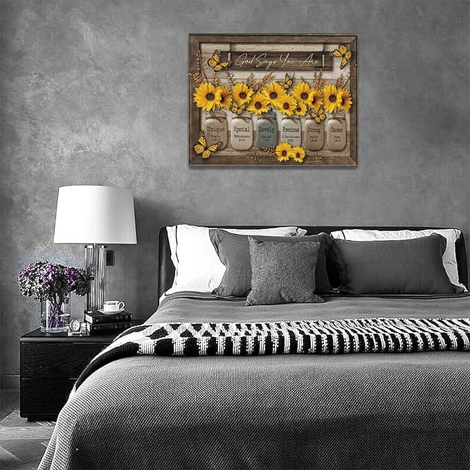 Christian Sunflower Wall Art Rustic Butterfly Bible Verse Pictures Wall Decor Country God Says You Are Canvas Painting Modern Home Artwork Decoration for Bathroom Living Room Bedroom Office Framed