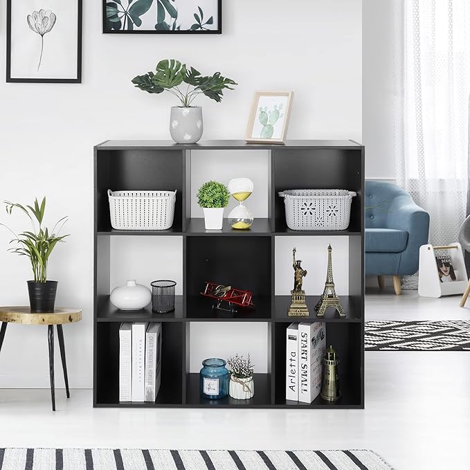 SUPER DEAL 9 Cube Open Shelf Bookcase 3 Tier Bookshelf Wood Cabinet Storage Organizer Display Shelves with 5 Removable Back Panels for Home, Office, Bedroom, Living Room, Black