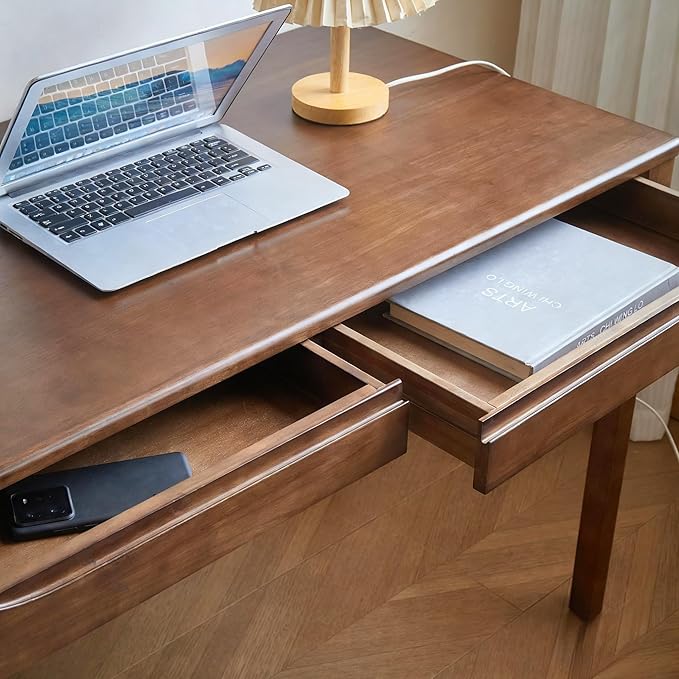 47"x24" Solid Wood Desk with Drawers,Wood Writing Desk for Small Spaces, Home Office Desks for Work, Gaming Study PC Desk for Bedroom, Student Computer Desks(Walnut, 47 inch)