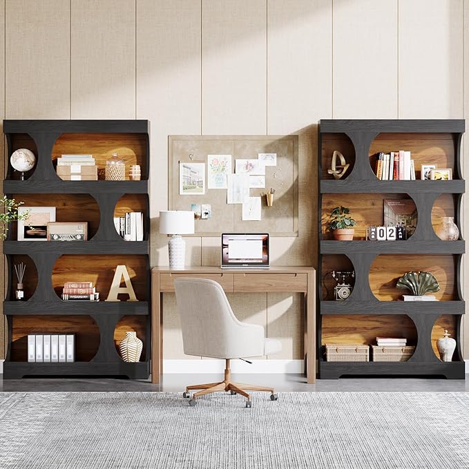 Tribesigns 71" Tall Bookcase Set of 2, 4-Tier S-Shaped Bookshelf, Wood Decorative Storage Shelving, Modern Freestanding Display Shelves, Large Library Bookshelf Unit for Home Office, Black & Brown