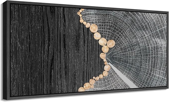 SIGNFORD Extra Large Framed Canvas Black Wood and Tree Ring Abstract Illustrations Modern Art Calm for Living Room, Bedroom, Office - 60"x30"