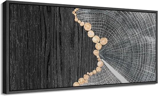 SIGNFORD Extra Large Framed Canvas Black Wood and Tree Ring Abstract Illustrations Modern Art Calm for Living Room, Bedroom, Office - 60"x30"