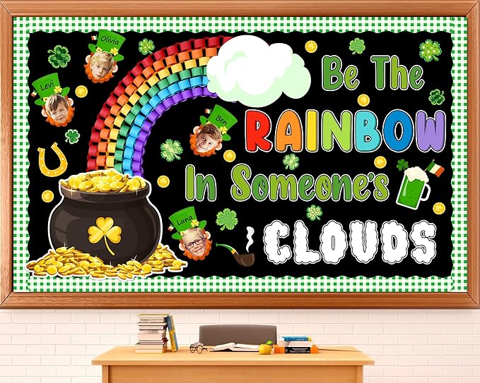 St. Patrick's Day Bulletin Board Set 3D Rainbow Gold Coin Classroom Decoration Leprechaun Bulletin Board Clover DIY Craft Photos Cutouts for Irish Holiday Home Classroom Nursery Chalkboard Wall Decor