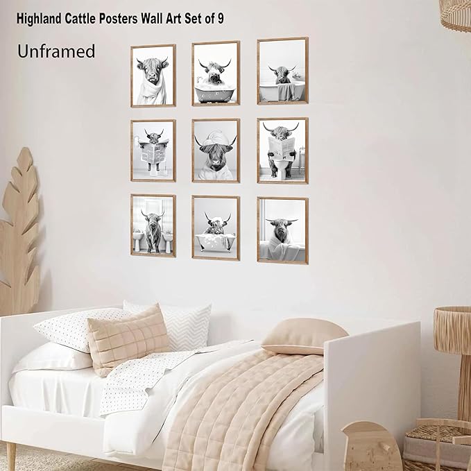 SEHSUVC Funny Bathroom Cow Posters Wall Art Set of 9, Vintage Black and White Highland Cow Canvas Wall Decor Painting, Humor Animals Pictures Prints for Bedroom Bathroom Childrenroom 8x10In Unframed