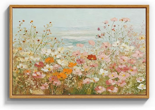InSimSea Framed Canvas Art Hand-Painted Vintage Wildflower Art,16x24inch, Textured Floral Landscape Paintings Artwork Wall Decor for Living Dining Room Hallway, Coastal Beach Nature Picture