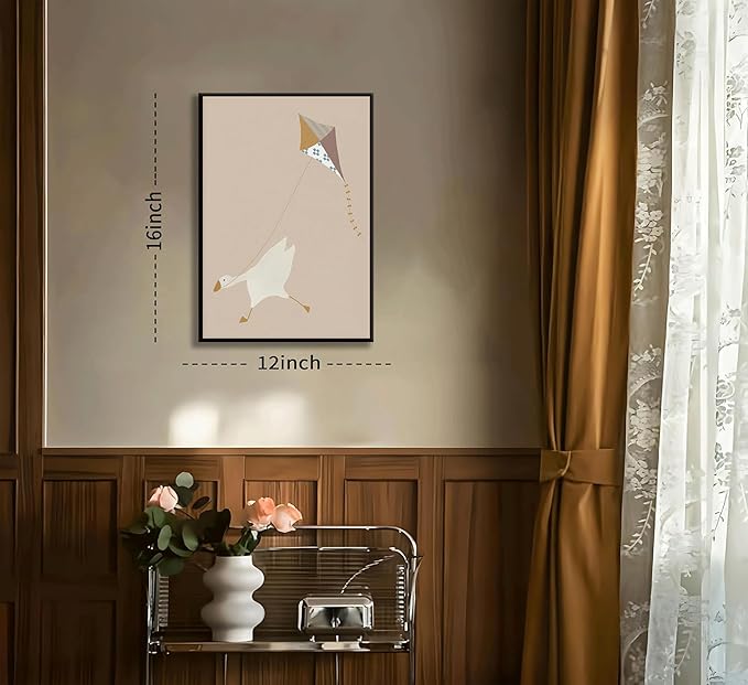 XXOUYLQ Cute Silly Goose Canvas Wall Art Goose flying a kite Posters Funny Animal Prints Pictures Beige Nursery Painting Neutral Kid's Room Wall Decor unframed