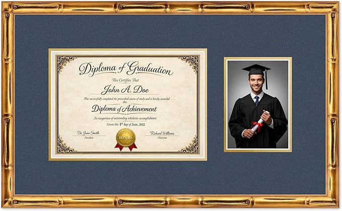 Diploma Frame With Photo Opening Gold Bamboo Navy Blue Over Gold Mat - Fits 11.69 x 8.27 Degree and Picture Made in the USA