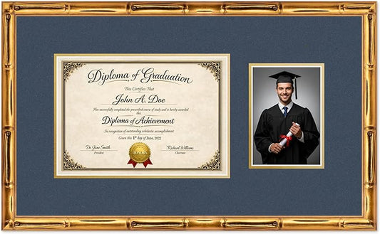 Diploma Frame With Photo Opening Gold Bamboo Navy Blue Over Gold Mat - Fits 11.69 x 8.27 Degree and Picture Made in the USA