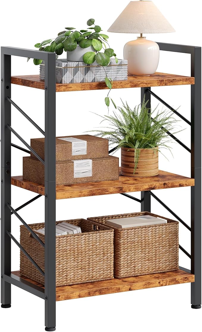 Book Shelf, Industrial 3 Tier Small Bookshelf, Bookcase with Metal Frame and Sidebars, Storage Shelves for Bedroom, Home Office and Living Room, Rustic Brown