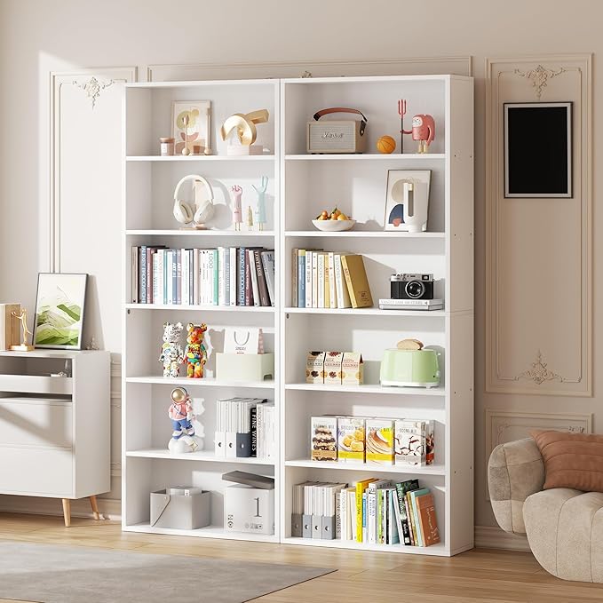 Vongrasig 6-Tier Open Bookcase and Bookshelf, Floor Standing Wood Display Storage Shelves 71 Inch Tall Bookcase Home Decor Furniture for Home Office, Living Room, Bed Room, White, 2 Pieces
