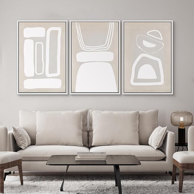 SIGNWIN Framed Canvas Print Wall Art Set Mid-Century Boho Geometric Polygons Abstract Shapes Cozy Neutral Modern Art Decorative Contemporary Minimal for Living Room, Bedroom, Office - 24"x36"x3 White