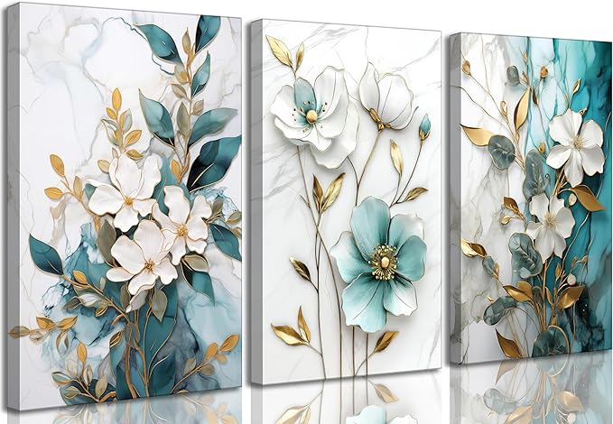3Pcs White Gold Flower Canvas Wall Art Modern Luxury Blue White Gold Abstract Marble Floral Botanical Painting Picture Wall Decor Poster Print Artwork for Living Room Bedroom Home Decoration