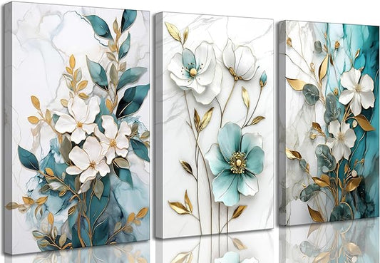 3Pcs White Gold Flower Canvas Wall Art Modern Luxury Blue White Gold Abstract Marble Floral Botanical Painting Picture Wall Decor Poster Print Artwork for Living Room Bedroom Home Decoration