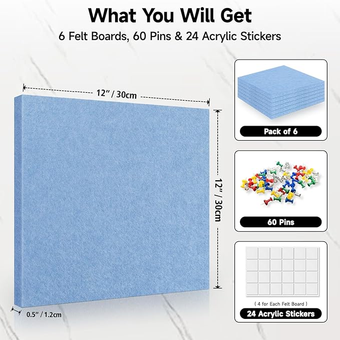 6 Pack Cork Board Felt Bulletin Board with 60 Push Pins, 1/2" Thick Pinboard Square Tiles for Wall Organizer - Home Office Classroom Decor, Photo Display, Memo Board (11.8"x11.8"- Sky Blue)