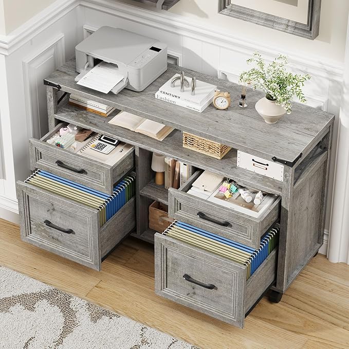 Vabches Farmhouse Filing Cabinet with Adjustable Shelf & Wheels, Lateral File Cabinets, Office Storage Cabinet with 4 Drawers and Open Storage Space, for Hanging Files Letter/A4, for Home Office.Grey